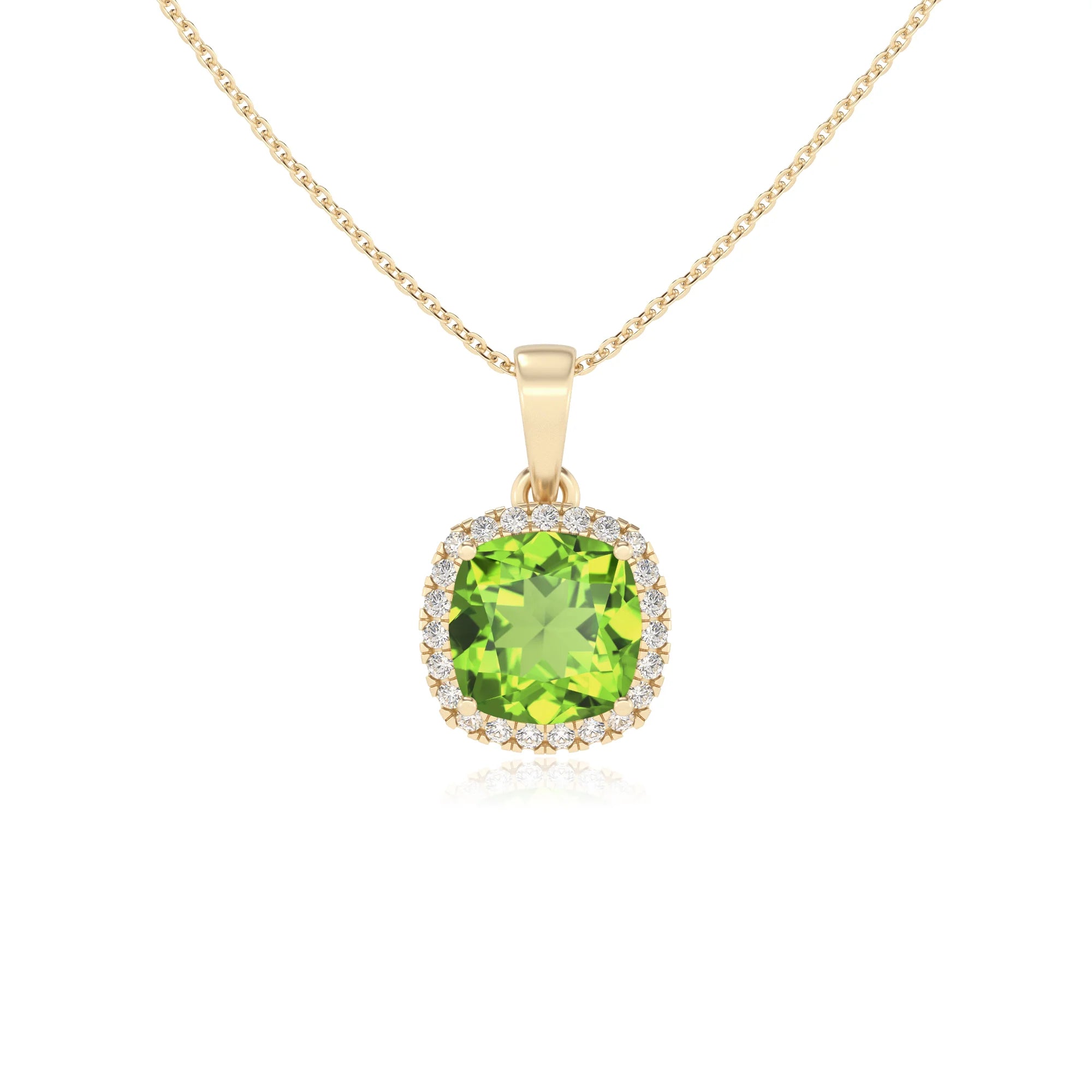 natural peridot cushion solitaire necklaces in yellow gold