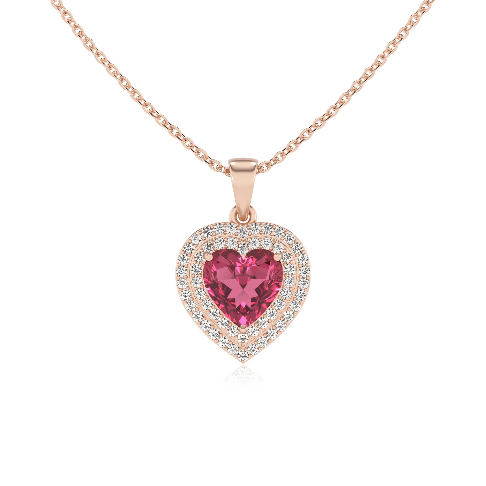 lab grown pink tourmaline heart halo necklaces in rose gold