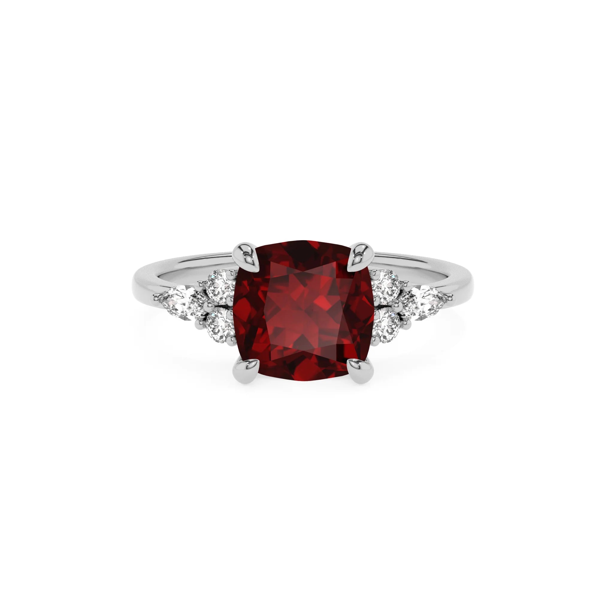 natural garnet cushion solitaire rings in platinum