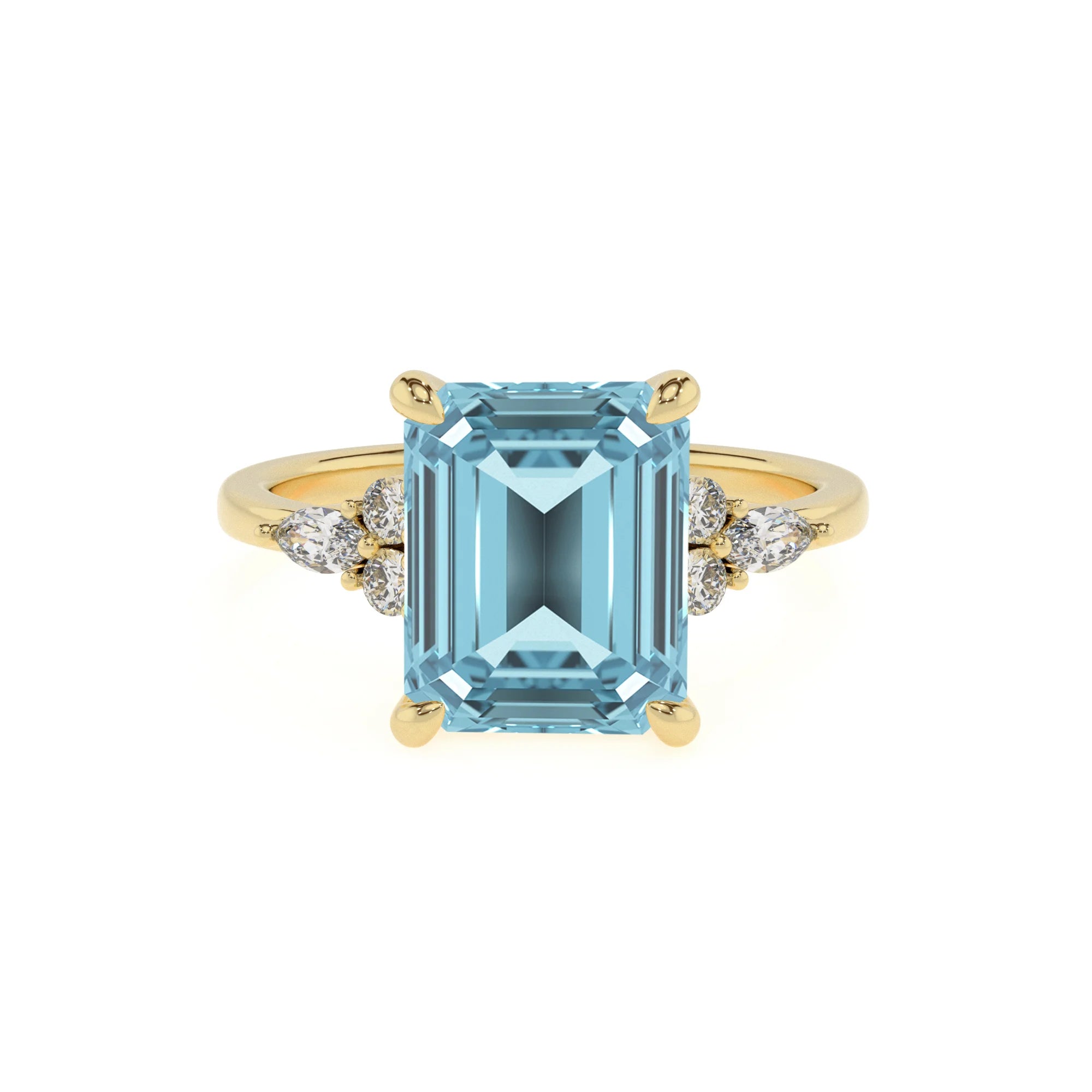 lab grown aquamarine emerald cut solitaire rings in yellow gold