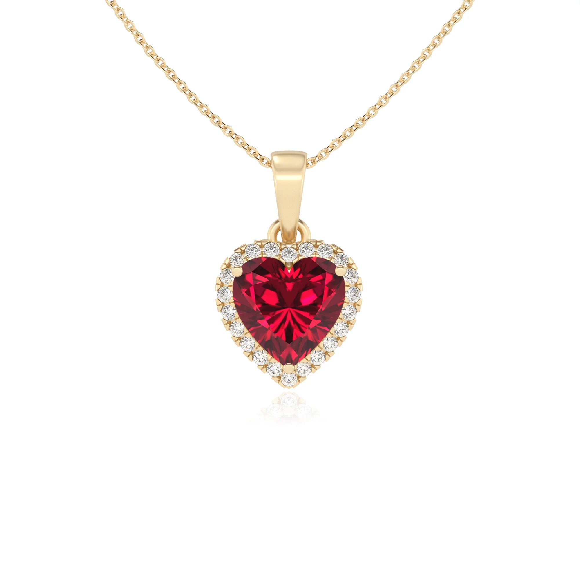 lab grown ruby heart solitaire necklaces in yellow gold