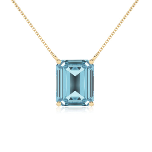 lab grown aquamarine emerald cut solitaire necklaces in yellow gold