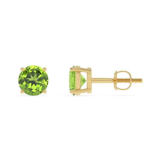 natural peridot round stud earrings in yellow gold