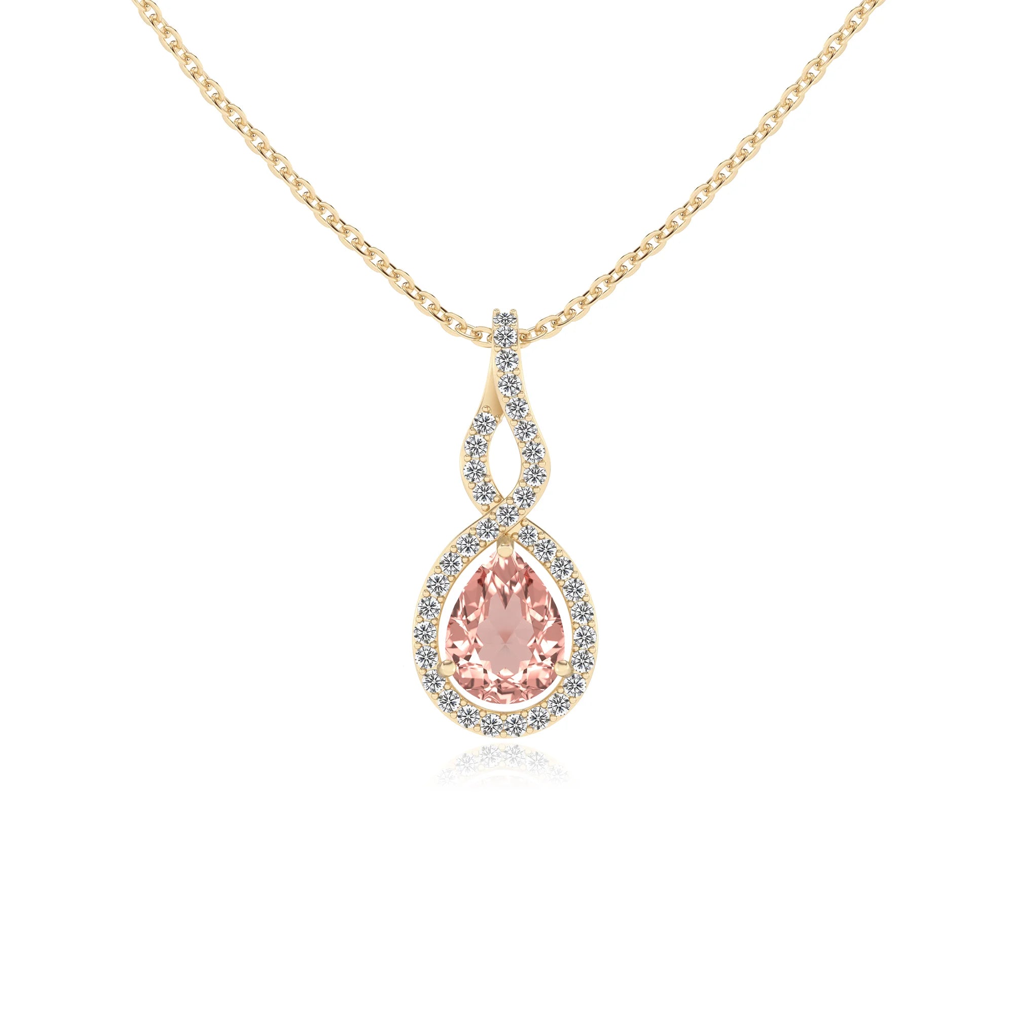 lab grown morganite pear necklaces in yellow gold