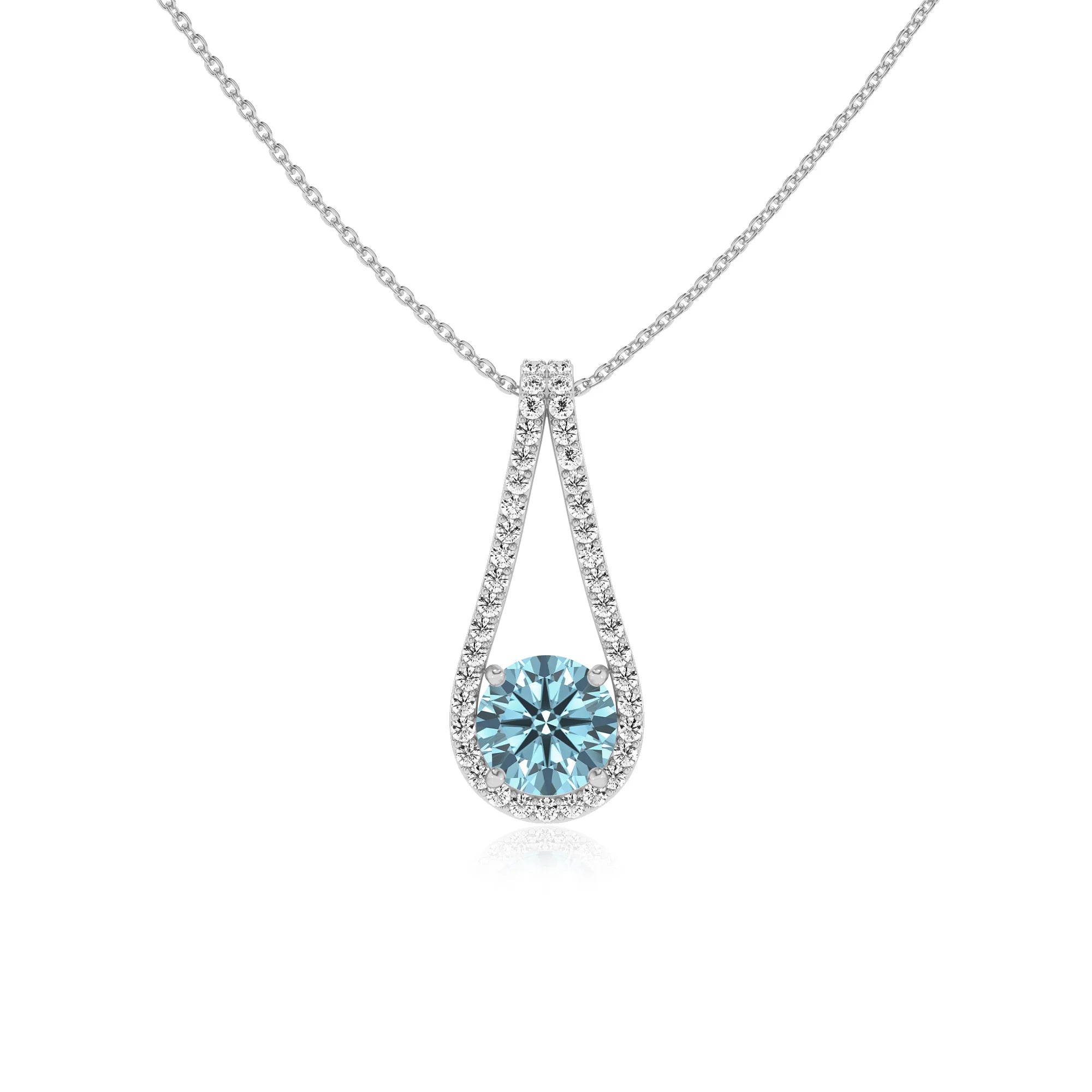 lab grown aquamarine round solitaire v-bale necklaces in platinum