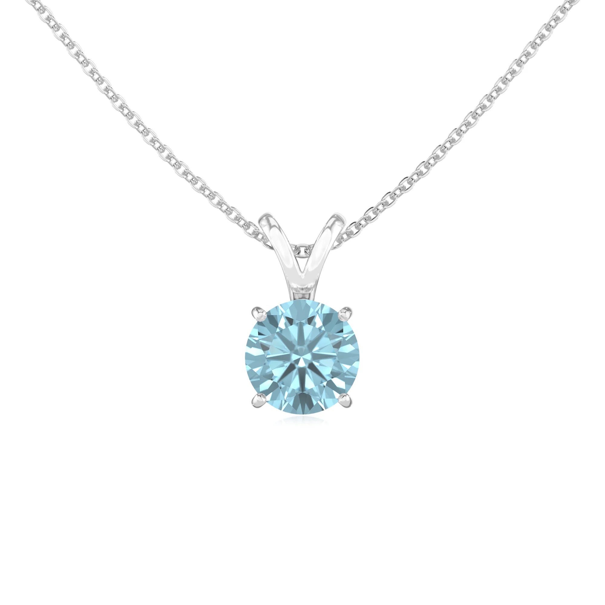 lab grown aquamarine round solitaire v-bale necklaces in white gold