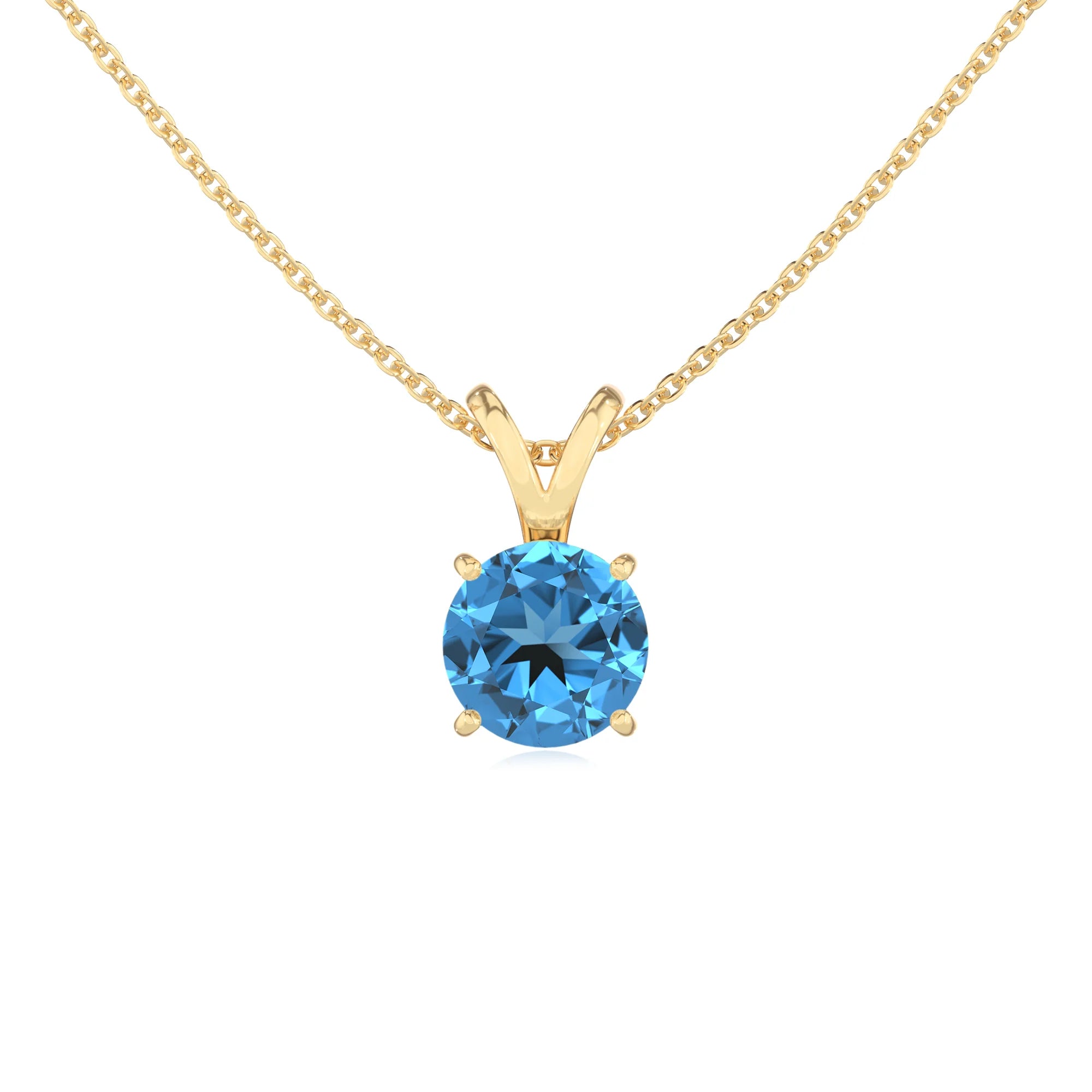 natural swiss-blue-topaz round solitaire v-bale necklaces in yellow gold