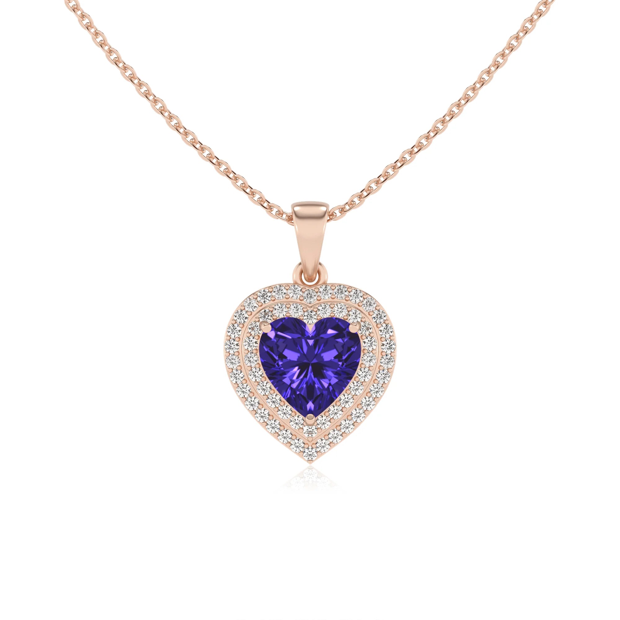 lab grown tanzanite heart halo necklaces in rose gold