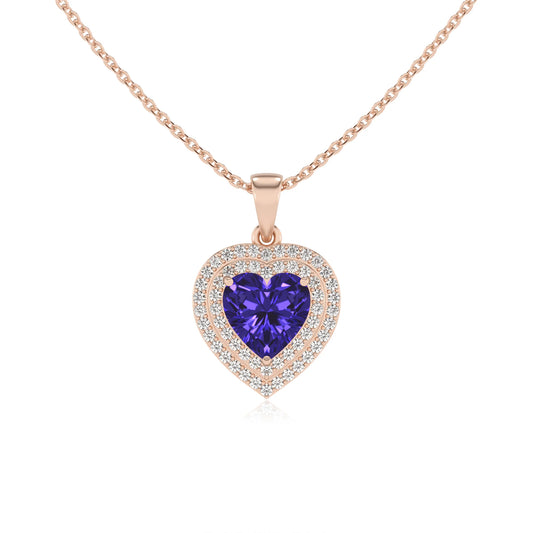 lab grown tanzanite heart halo necklaces in rose gold