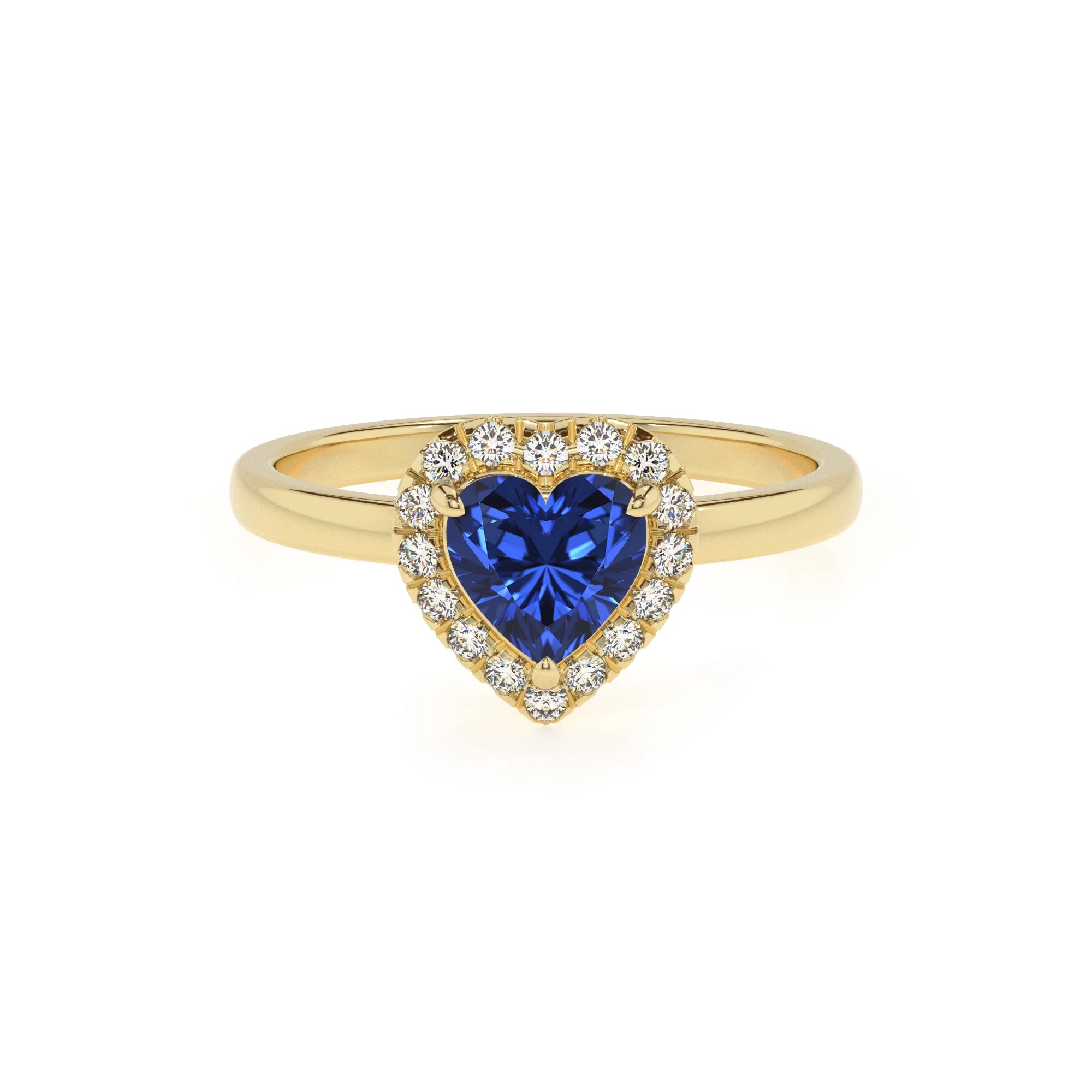 lab grown blue-sapphire heart solitaire rings in yellow gold