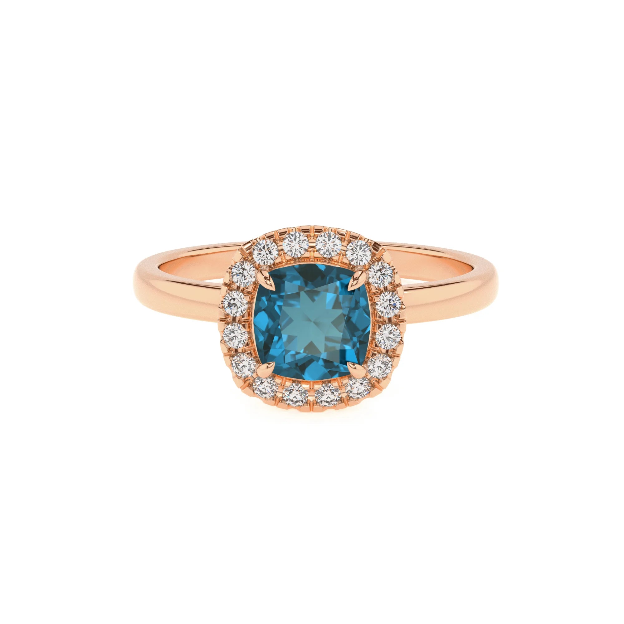 natural london-blue-topaz cushion solitaire rings in rose gold