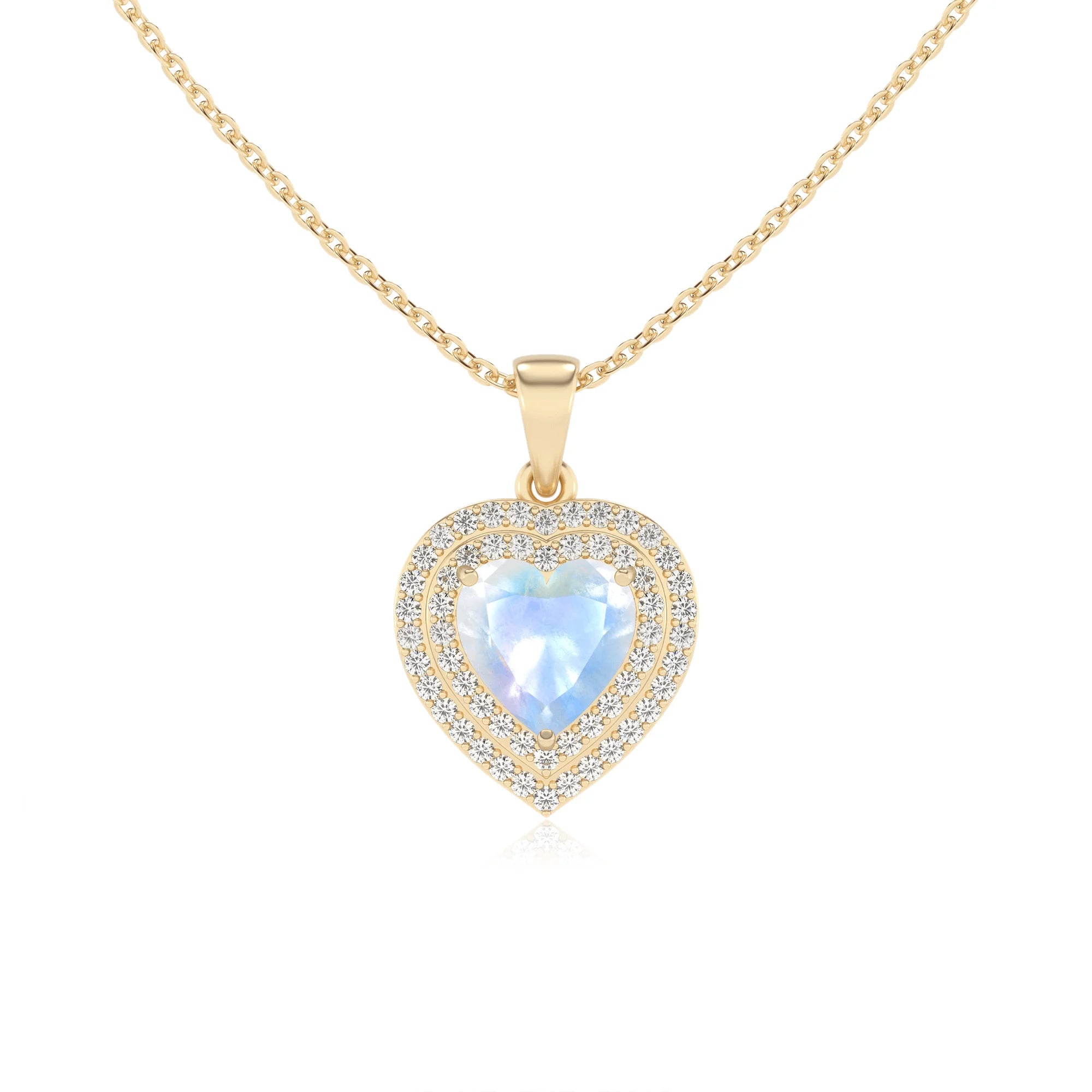 natural rainbow moonstone heart halo necklaces in yellow gold