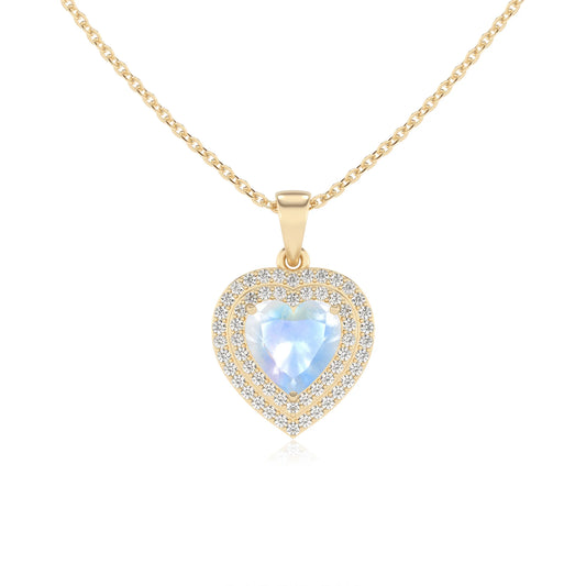 natural rainbow moonstone heart halo necklaces in yellow gold