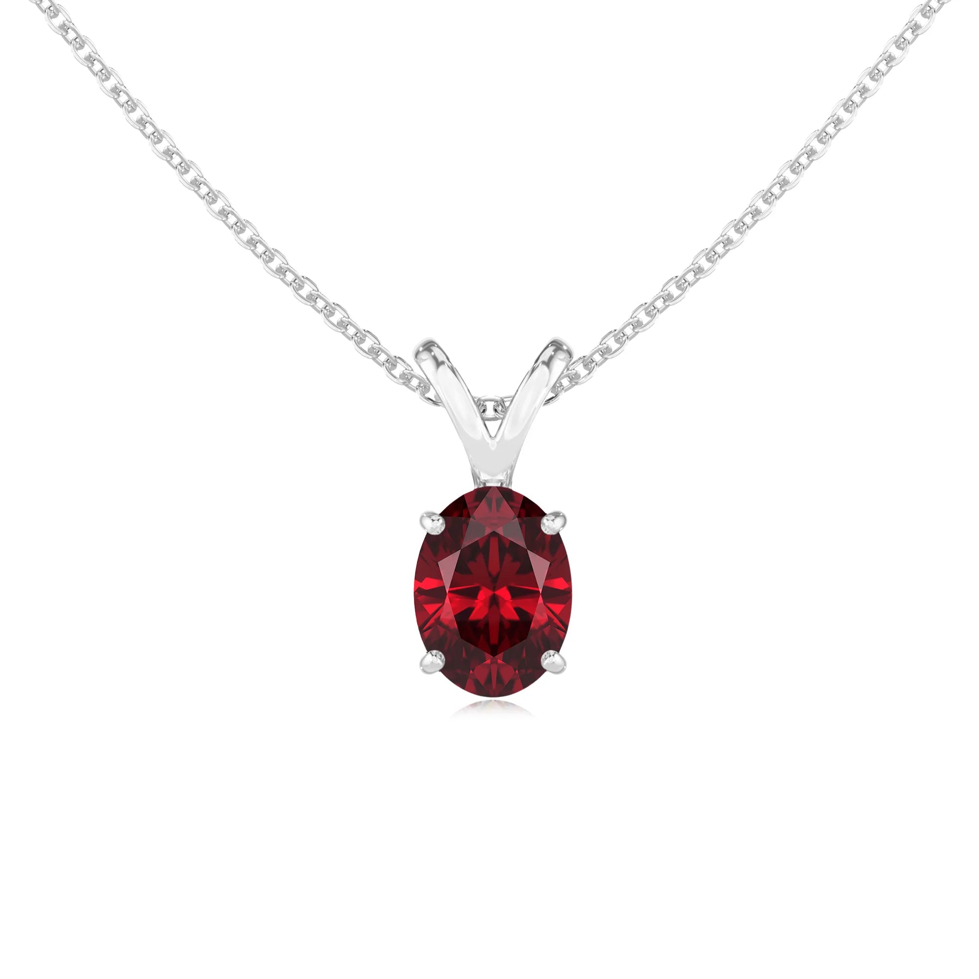 lab grown ruby oval solitaire v-bale necklaces in rose gold