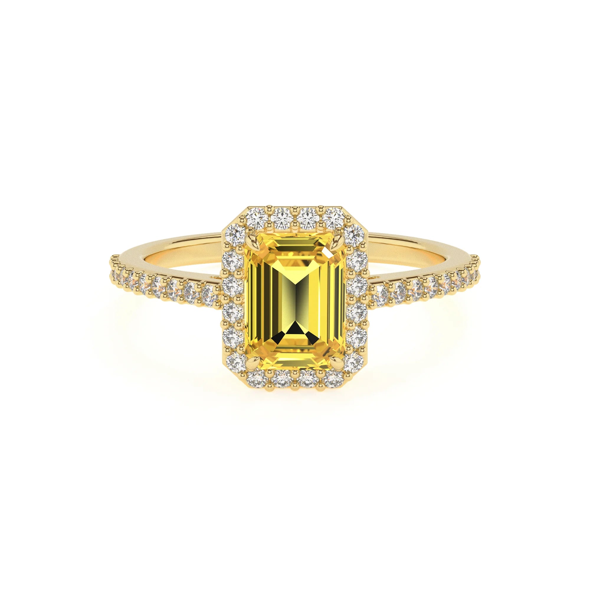 lab grown yellow-sapphire emerald cut solitaire rings in yellow gold