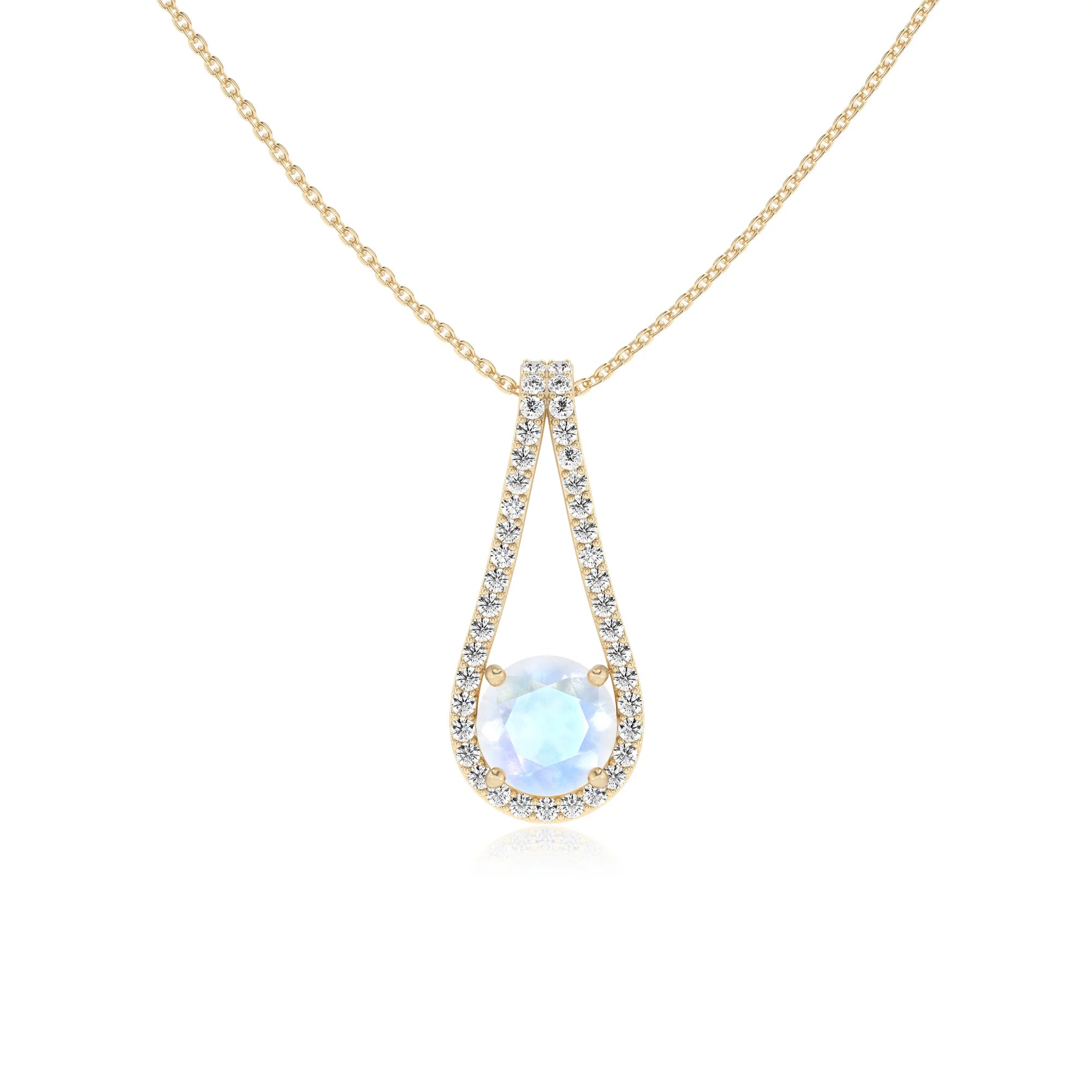 natural rainbow-moonstone round solitaire v-bale necklaces in yellow gold