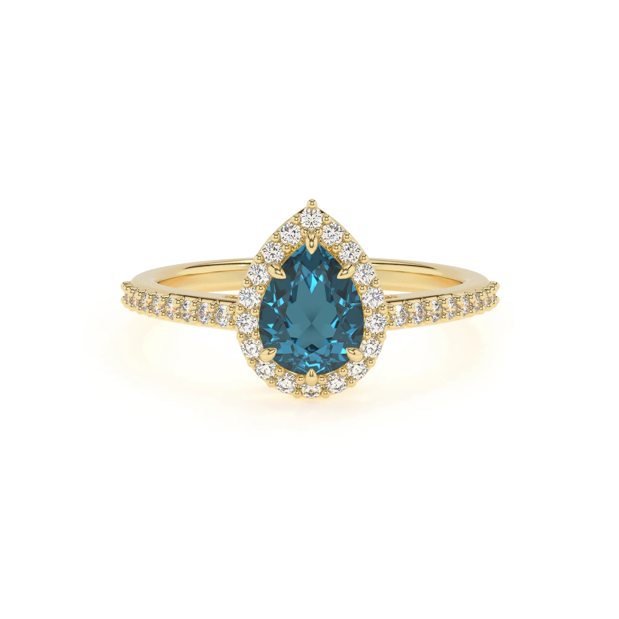 natural london-blue-topaz pear solitaire rings in yellow gold