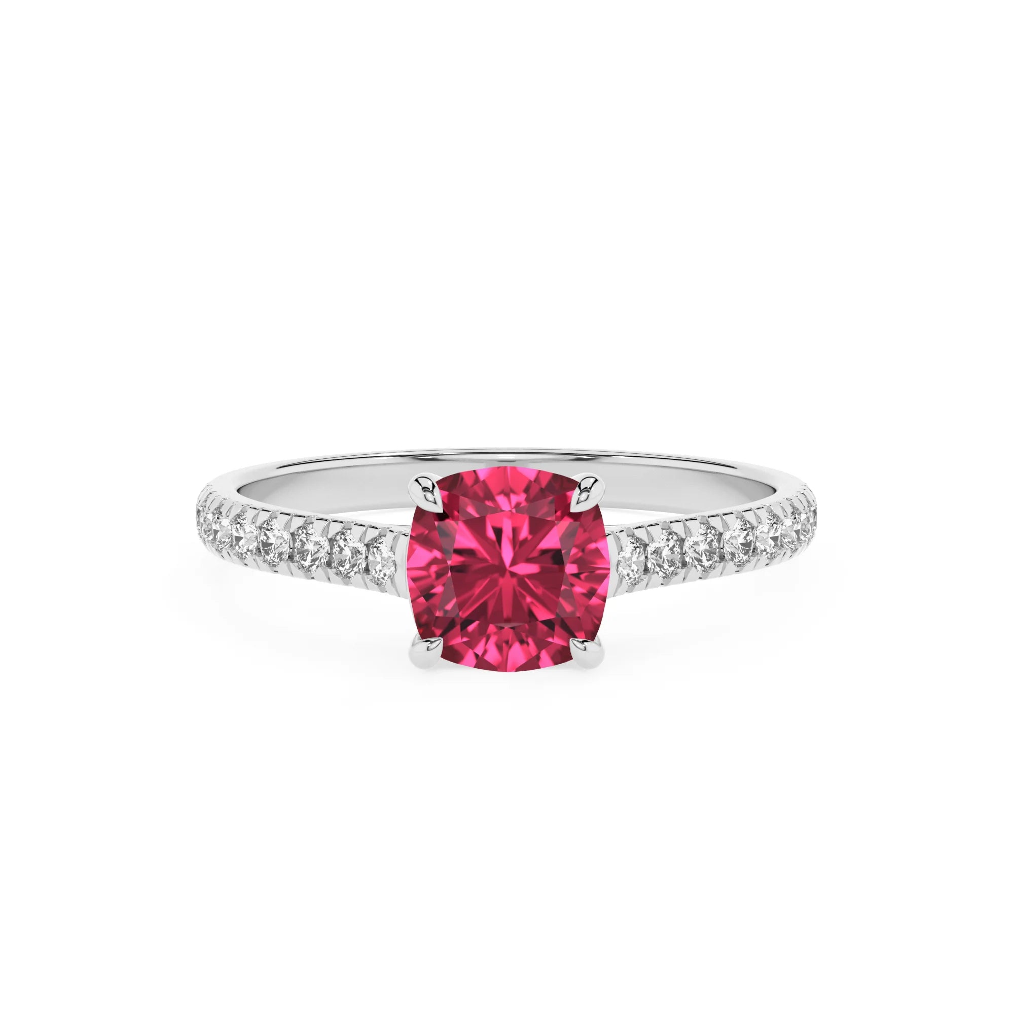lab grown pink-tourmaline cushion half eternity solitaire engagement rings in white gold