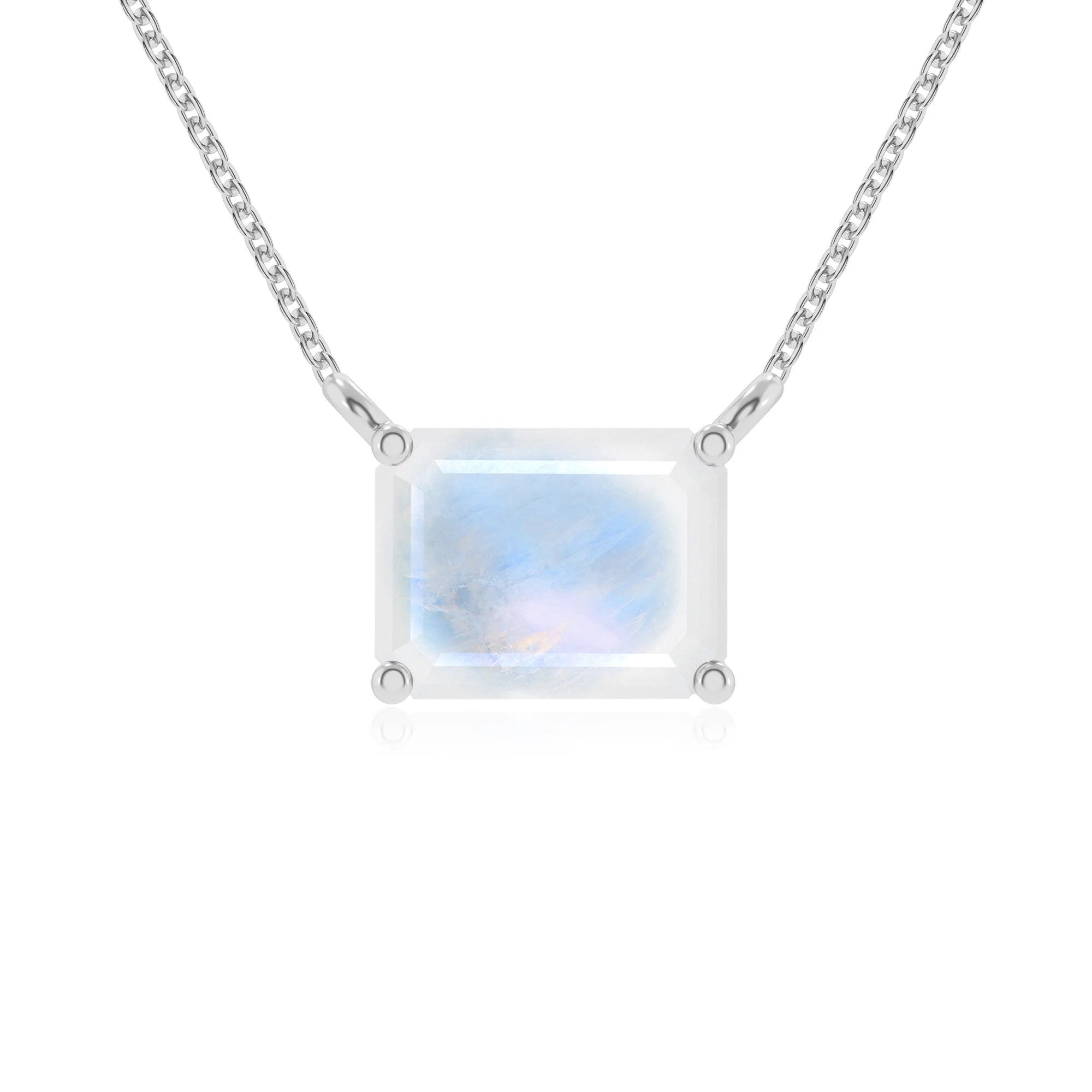 natural rainbow-moonstone emerald cut solitaire necklaces in white gold