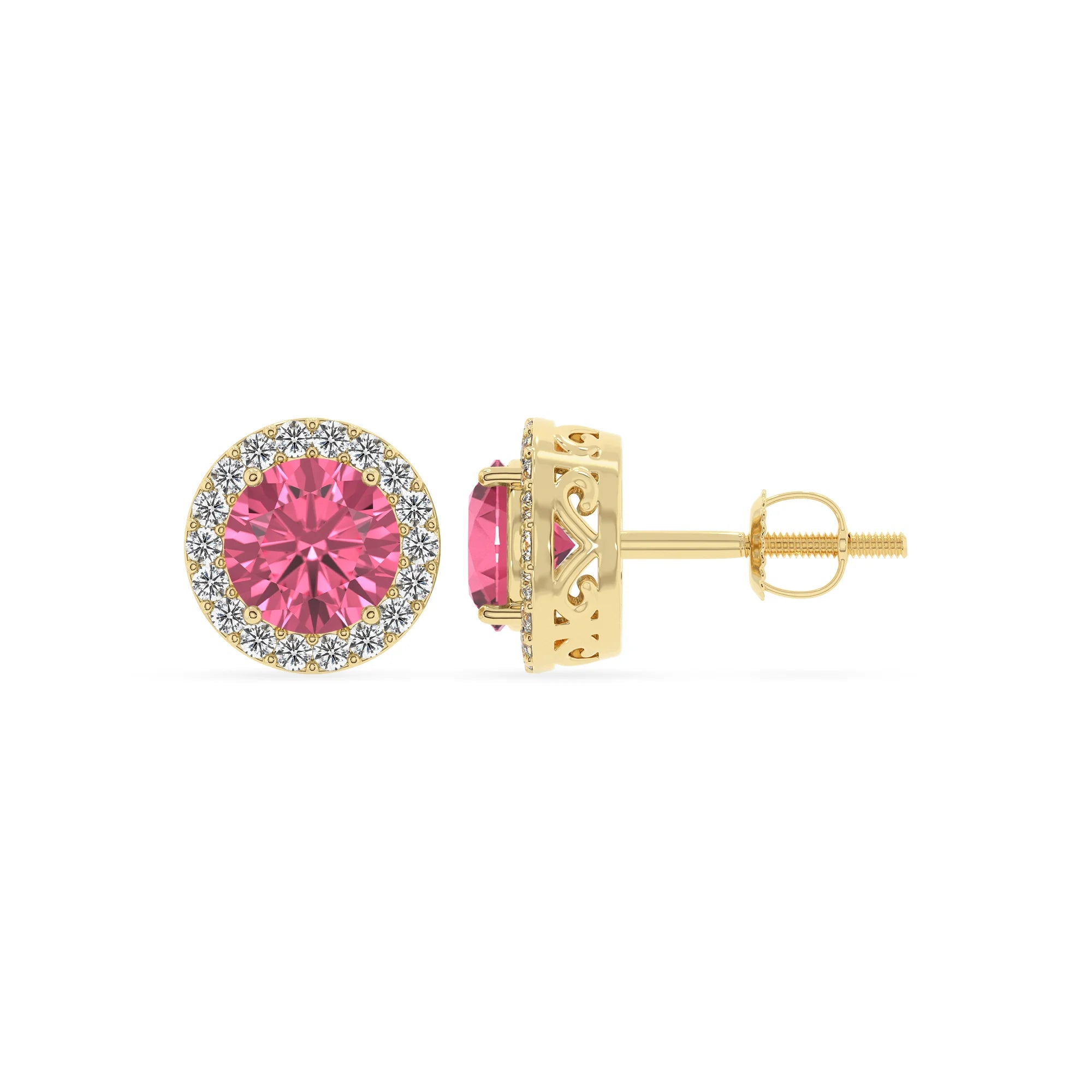 lab grown pink tourmaline round stud earrings in yellow gold