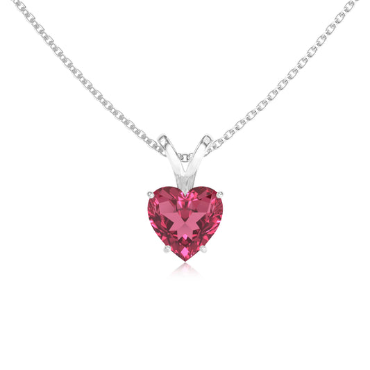 lab grown pink-tourmaline heart solitaire v-bale necklaces in sterling silver