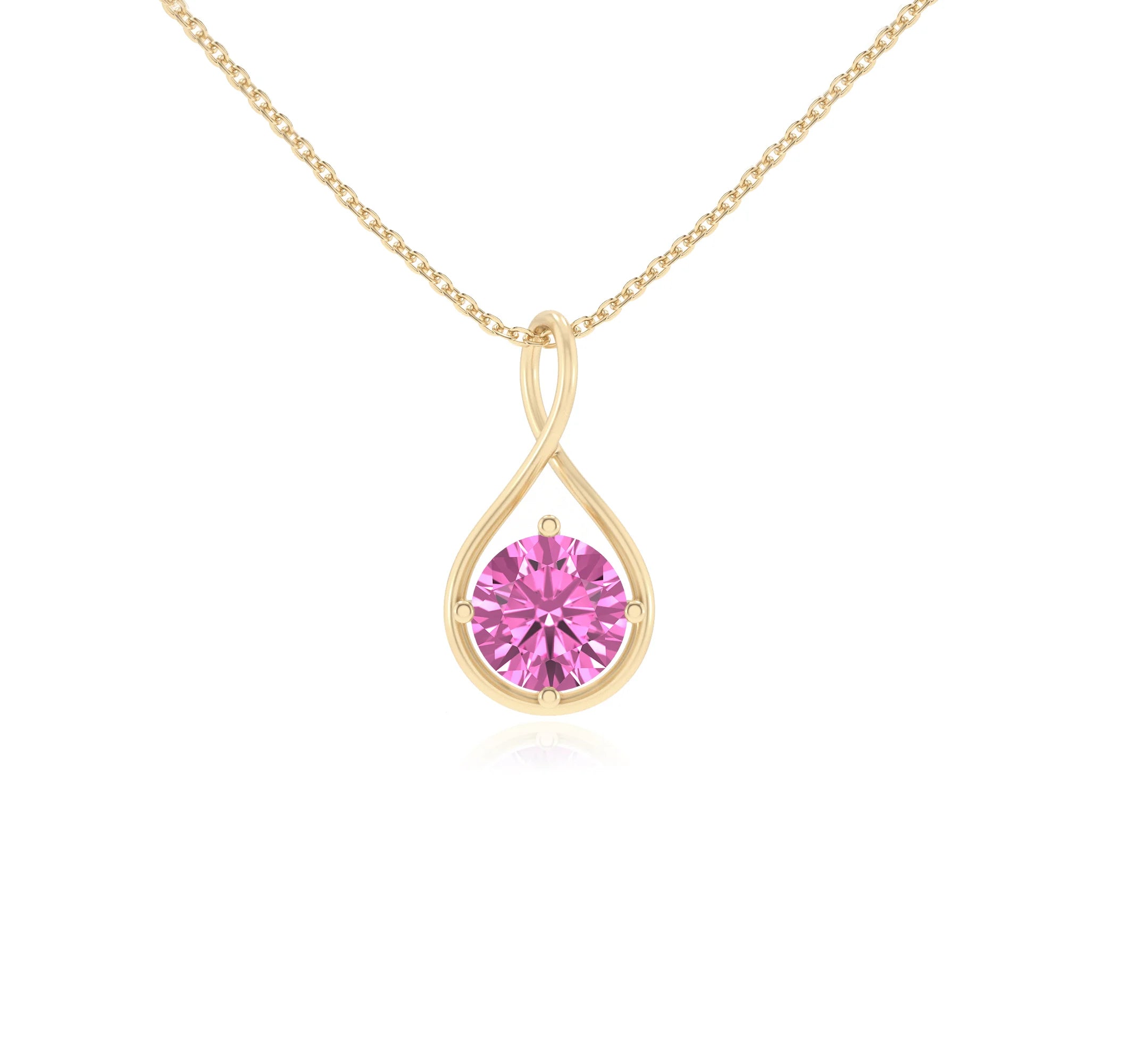 lab grown pink-sapphire round solitaire necklaces in yellow gold