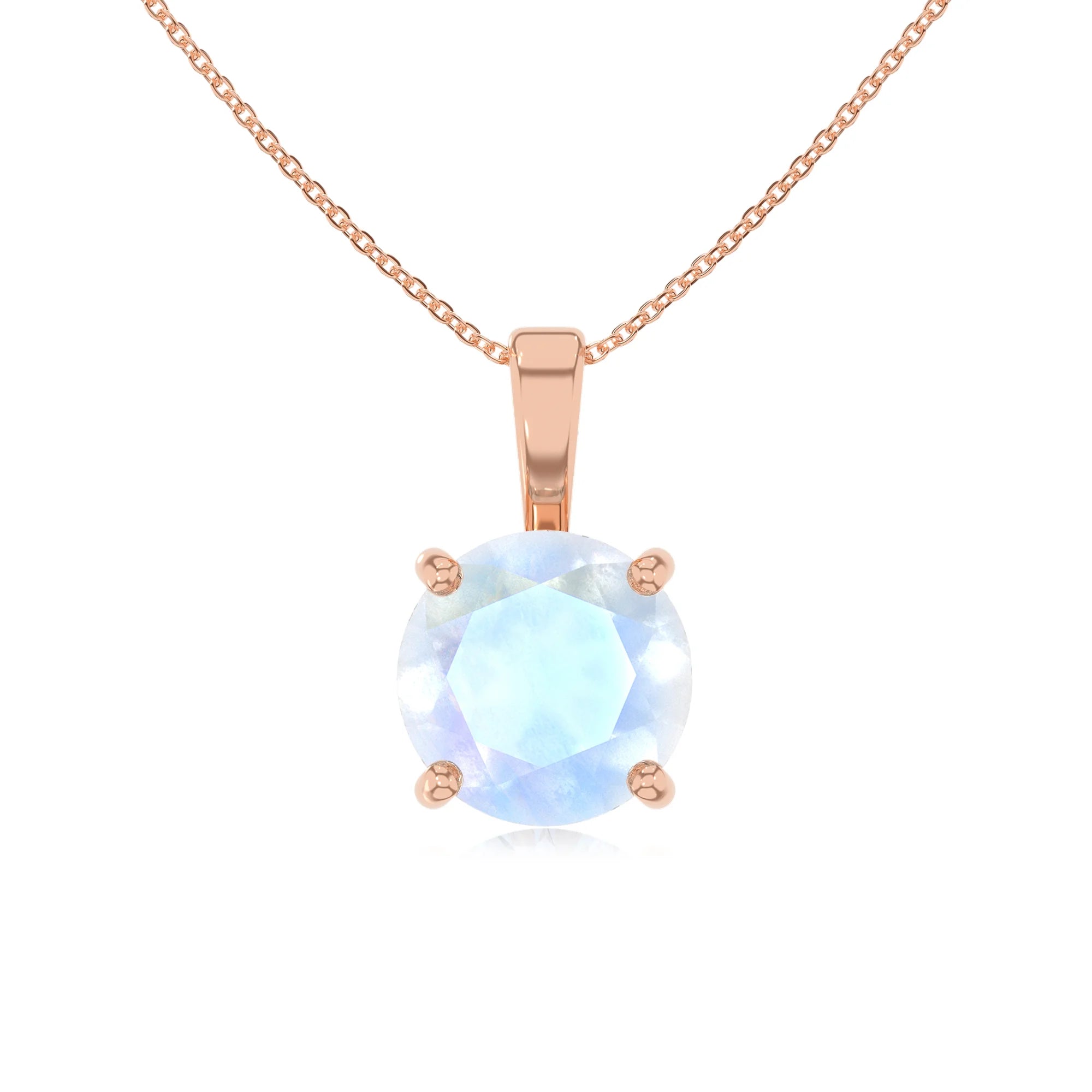 natural rainbow-moonstone round solitaire necklaces in rose gold