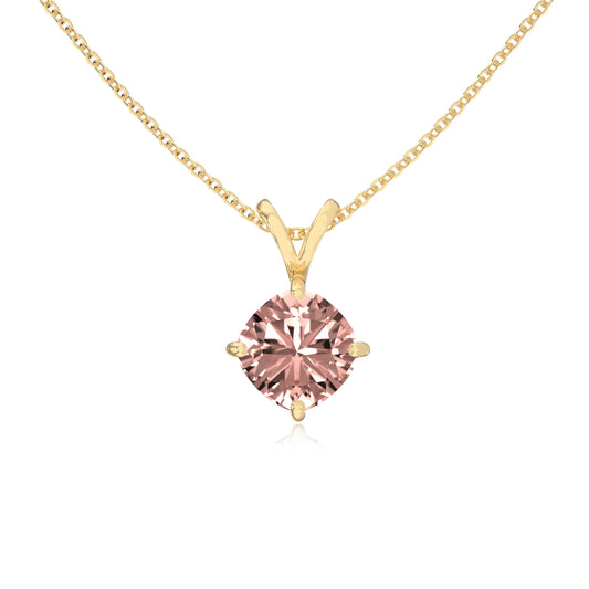 lab grown morganite cushion solitaire v-bale necklaces in yellow gold