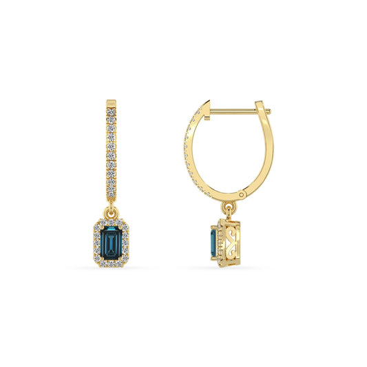 natural london blue topaz emerald cut drop earrings in yellow gold