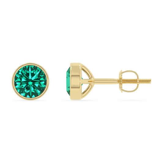 lab grown emerald round stud earrings in yellow gold