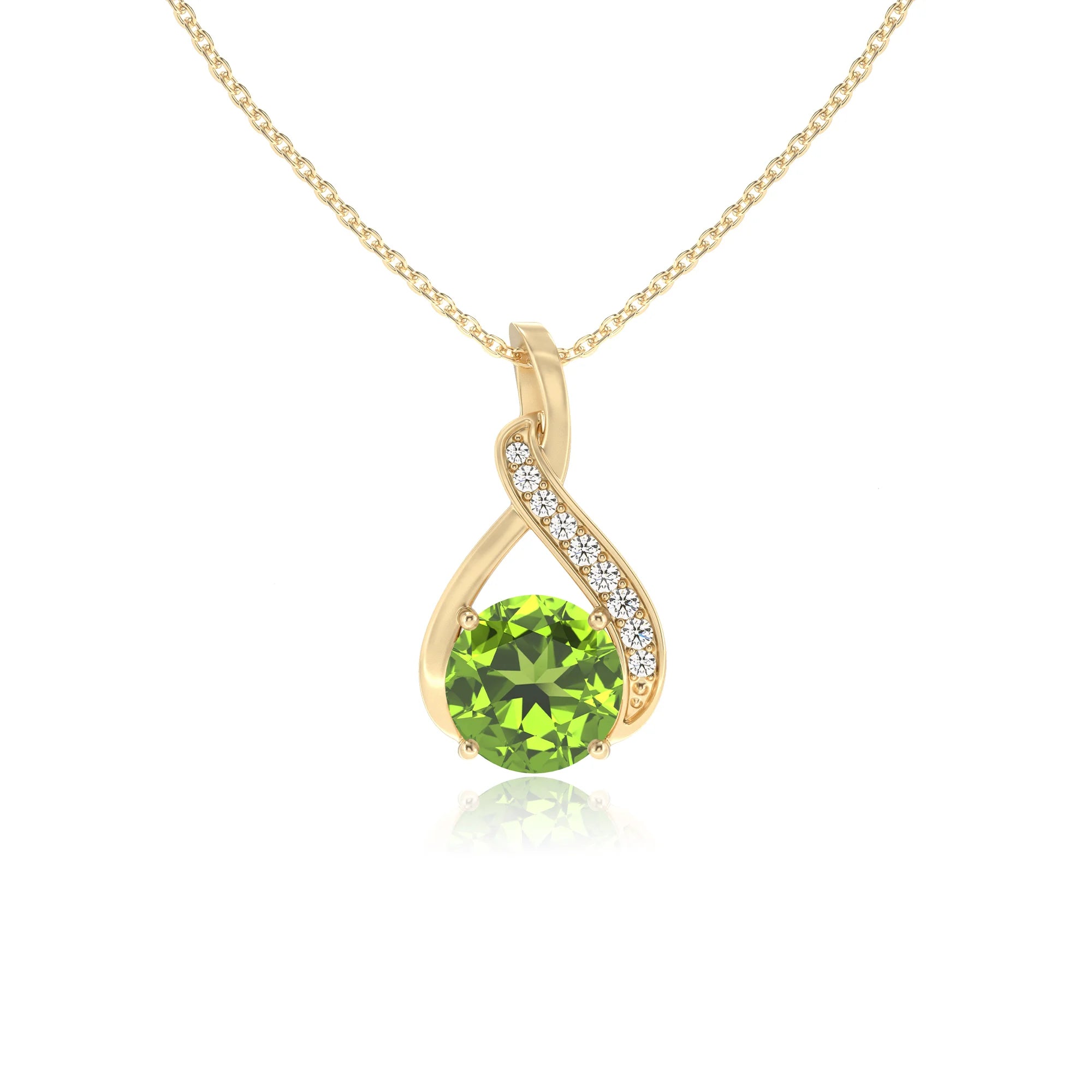 natural peridot round solitaire necklaces in yellow gold