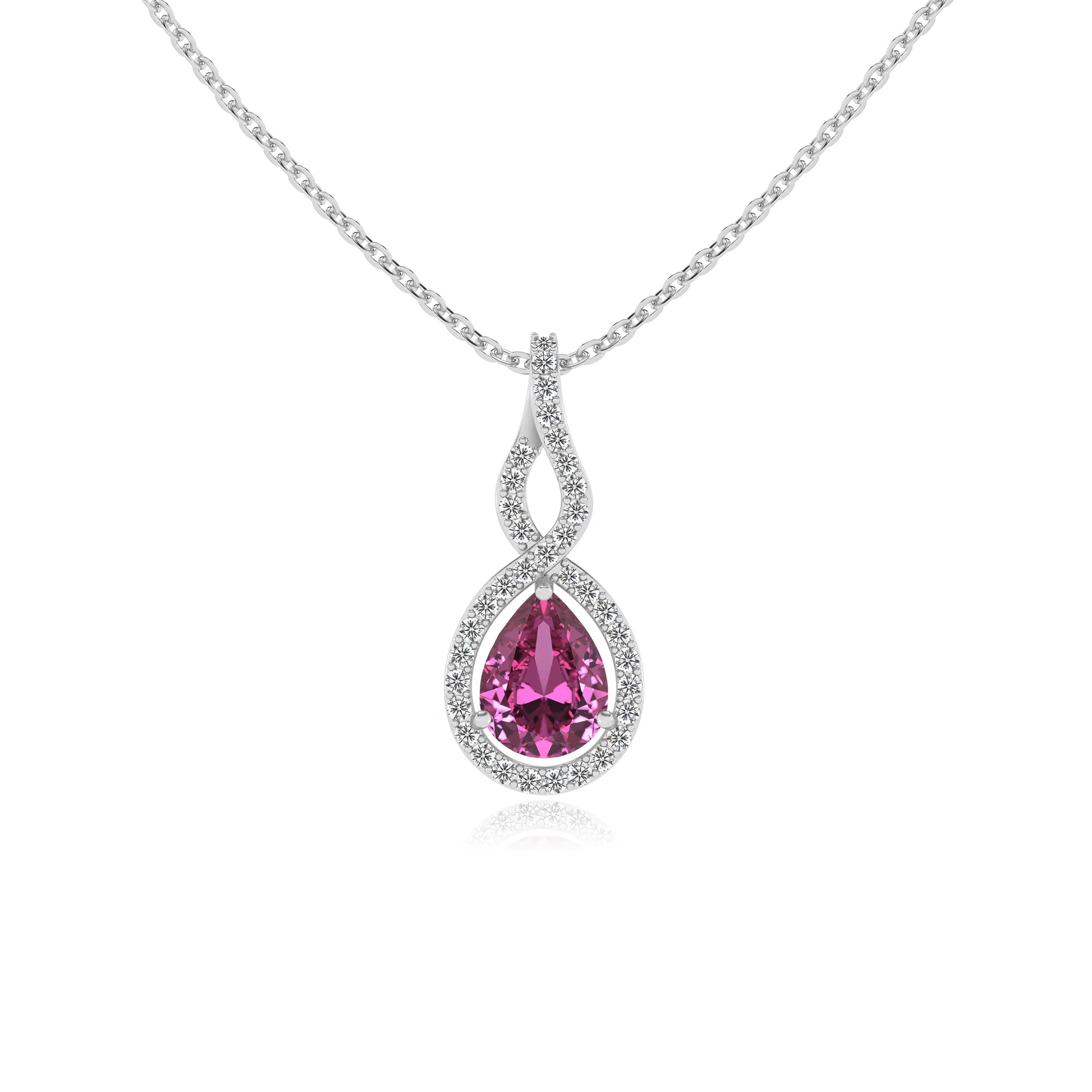 lab grown pink-sapphire pear necklaces in sterling silver