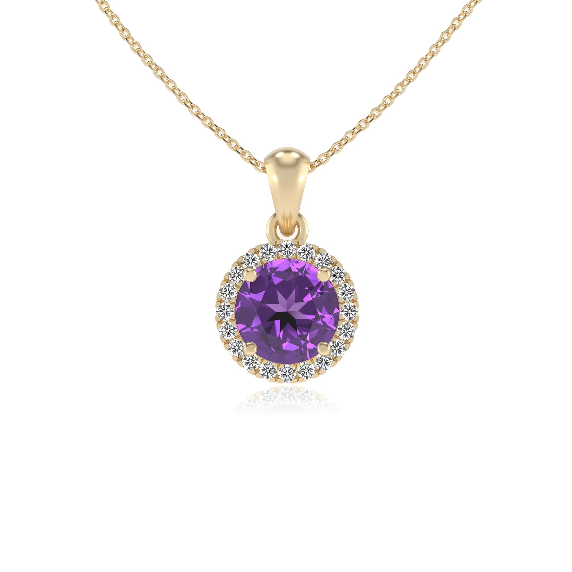 lab grown amethyst round solitaire necklaces in yellow gold