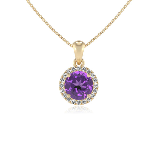 lab grown amethyst round solitaire necklaces in yellow gold