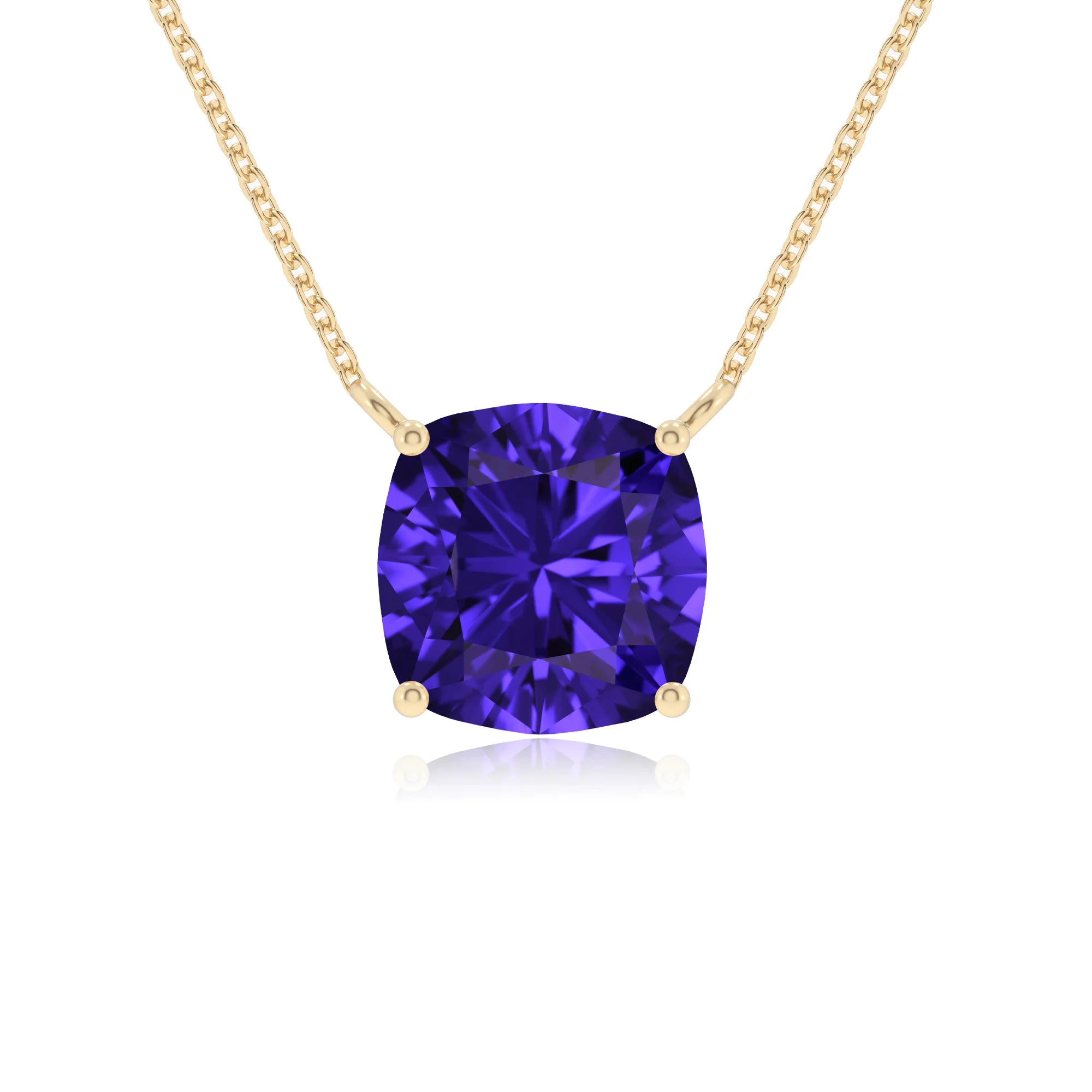 lab grown tanzanite cushion solitaire necklaces in yellow gold