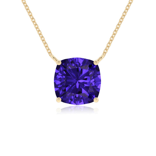 lab grown tanzanite cushion solitaire necklaces in yellow gold