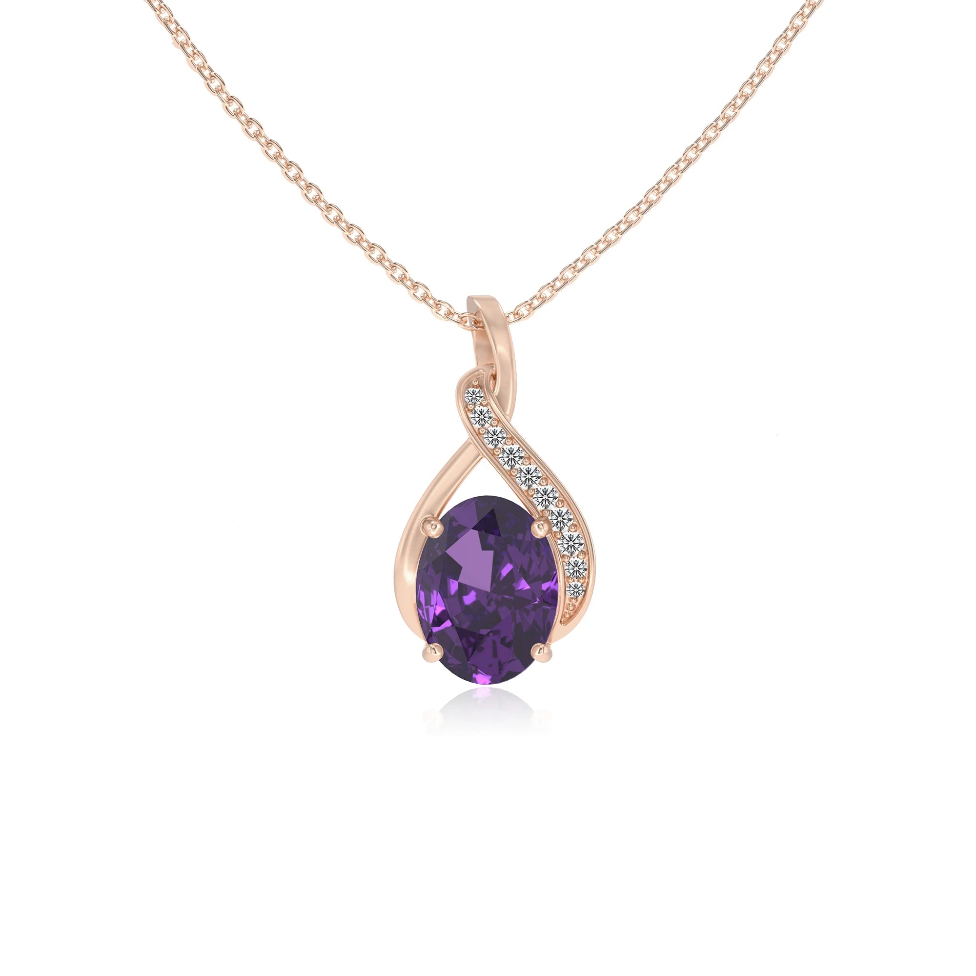 lab grown amethyst oval solitaire necklaces in rose gold