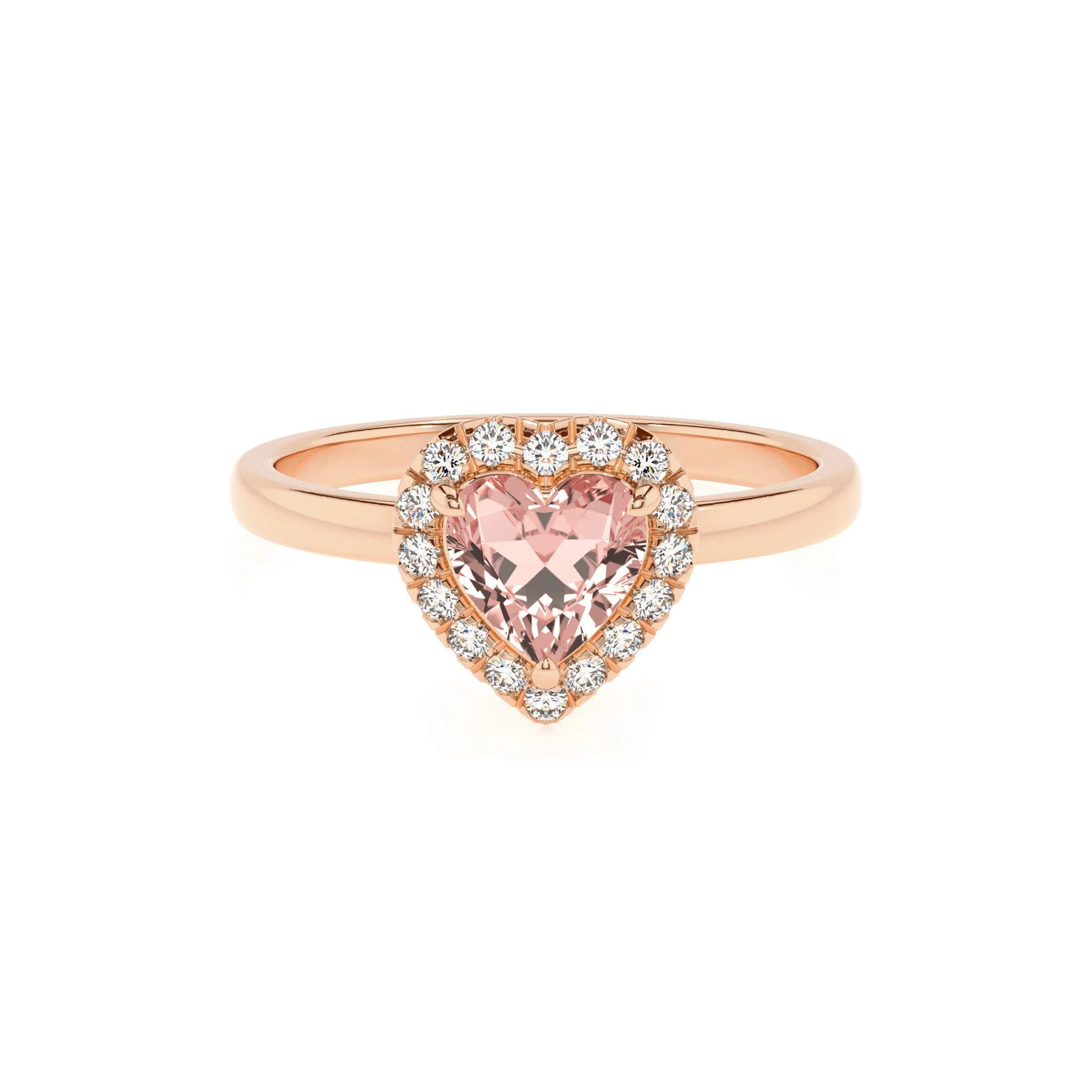 lab grown morganite heart solitaire rings in rose gold