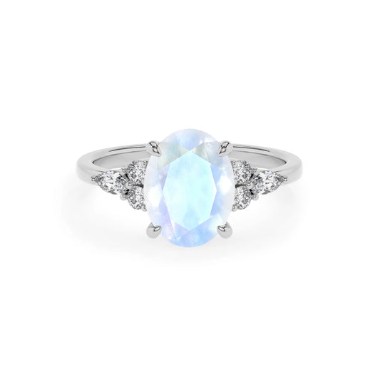 natural rainbow-moonstone oval solitaire rings in white gold