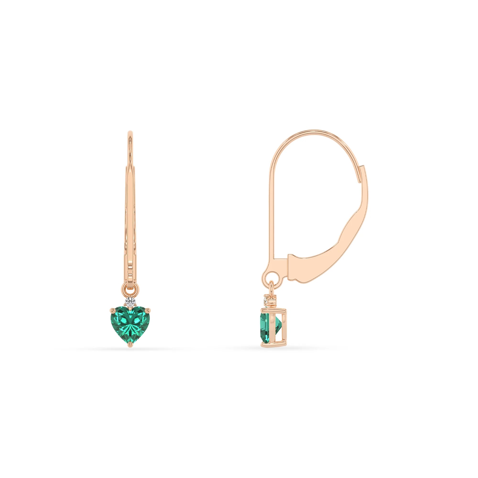 lab grown emerald heart drop earrings in rose gold
