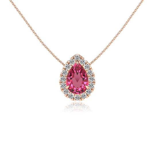 lab grown pink tourmaline pear solitaire necklaces in rose gold
