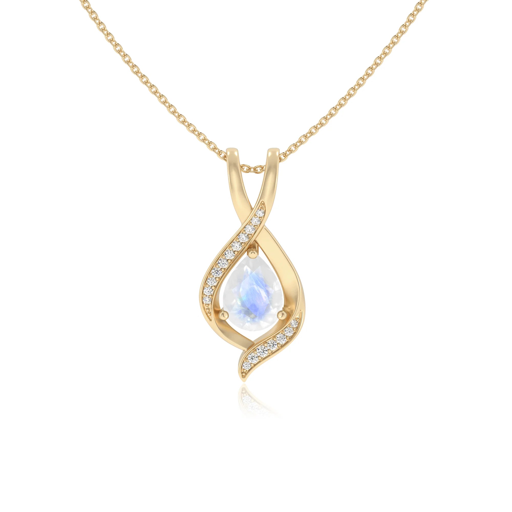 natural rainbow-moonstone pear solitaire necklaces in yellow gold