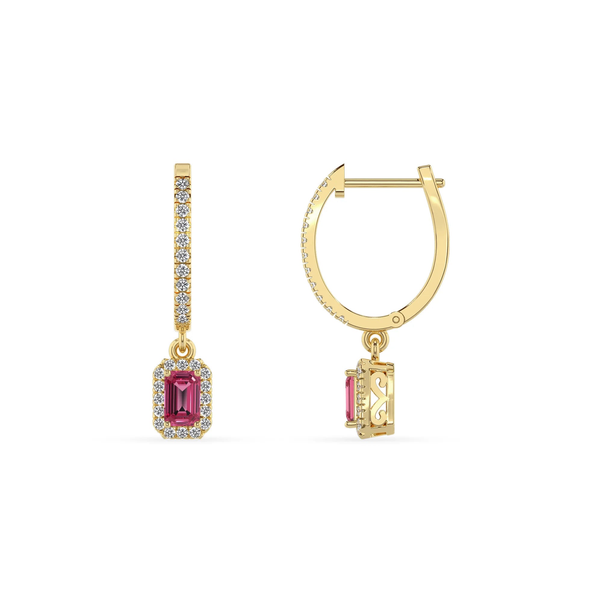 lab grown pink tourmaline emerald cut drop earrings in yellow gold
