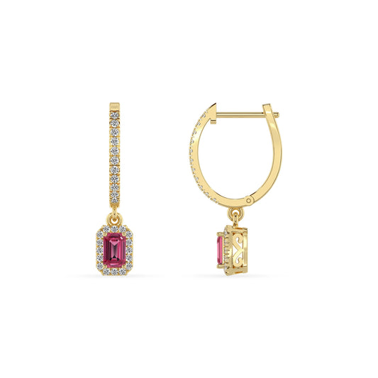 lab grown pink tourmaline emerald cut drop earrings in yellow gold