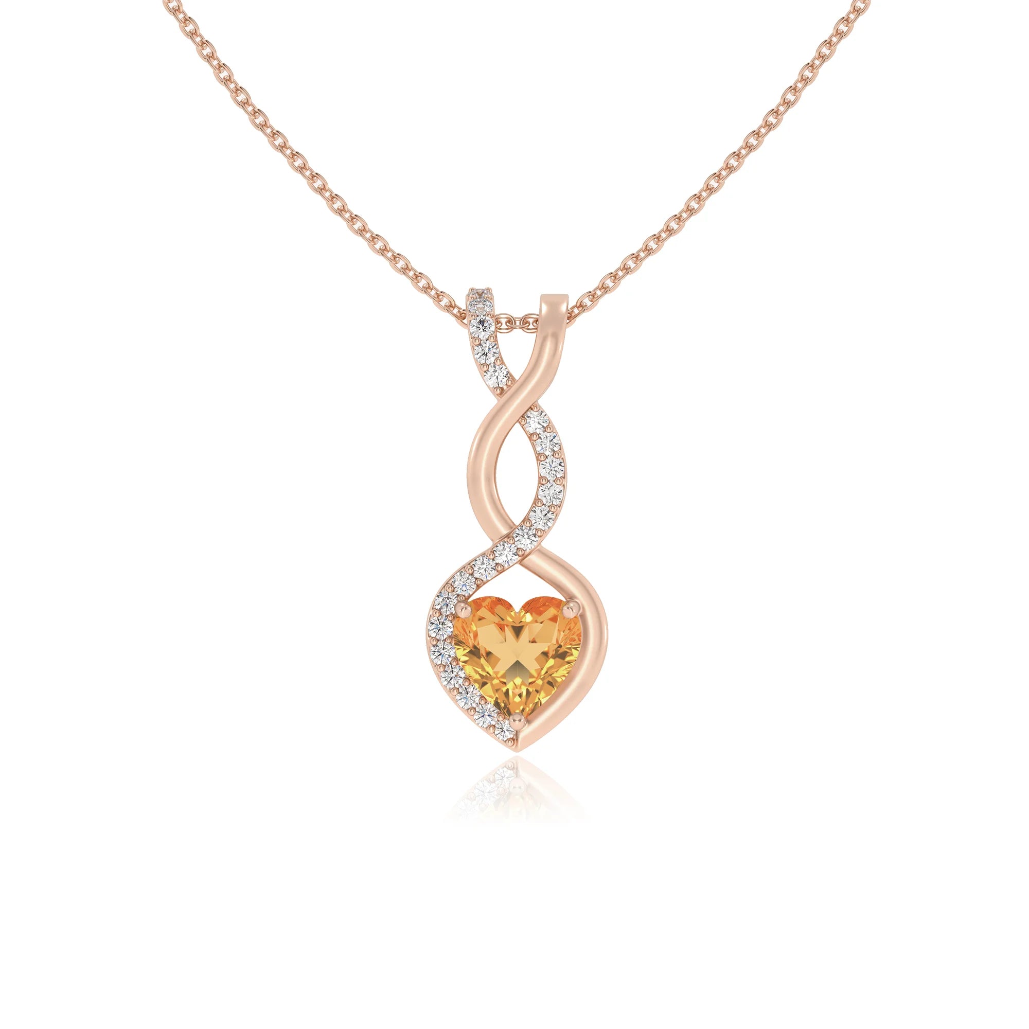lab grown citrine heart infinity necklaces in rose gold