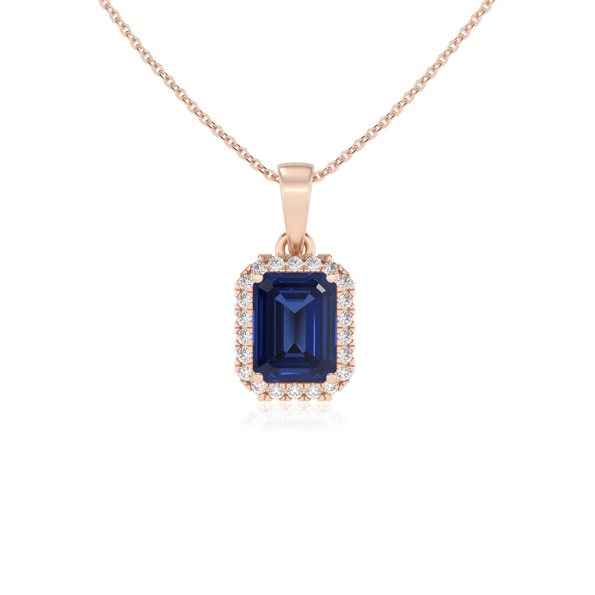lab grown blue-sapphire emerald cut solitaire necklaces in rose gold