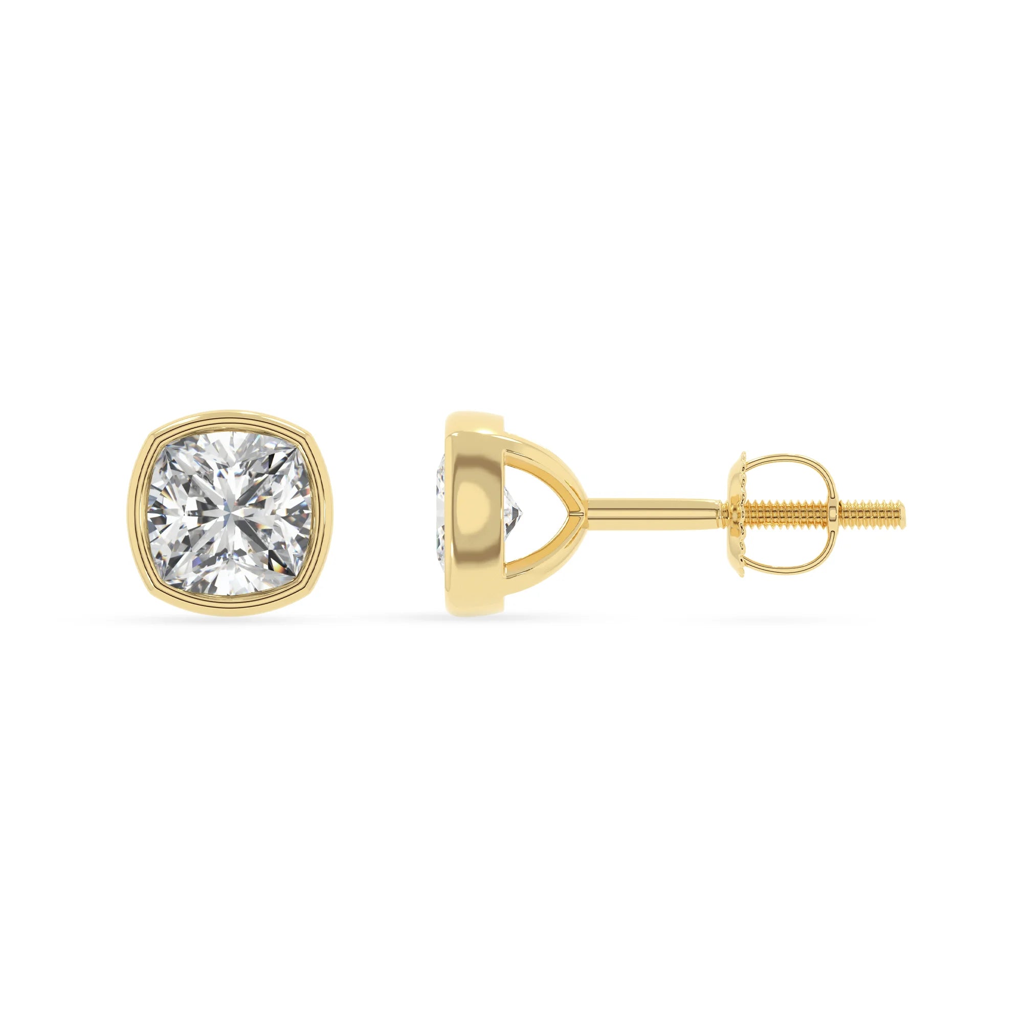 lab grown moissanite cushion stud earrings in yellow gold