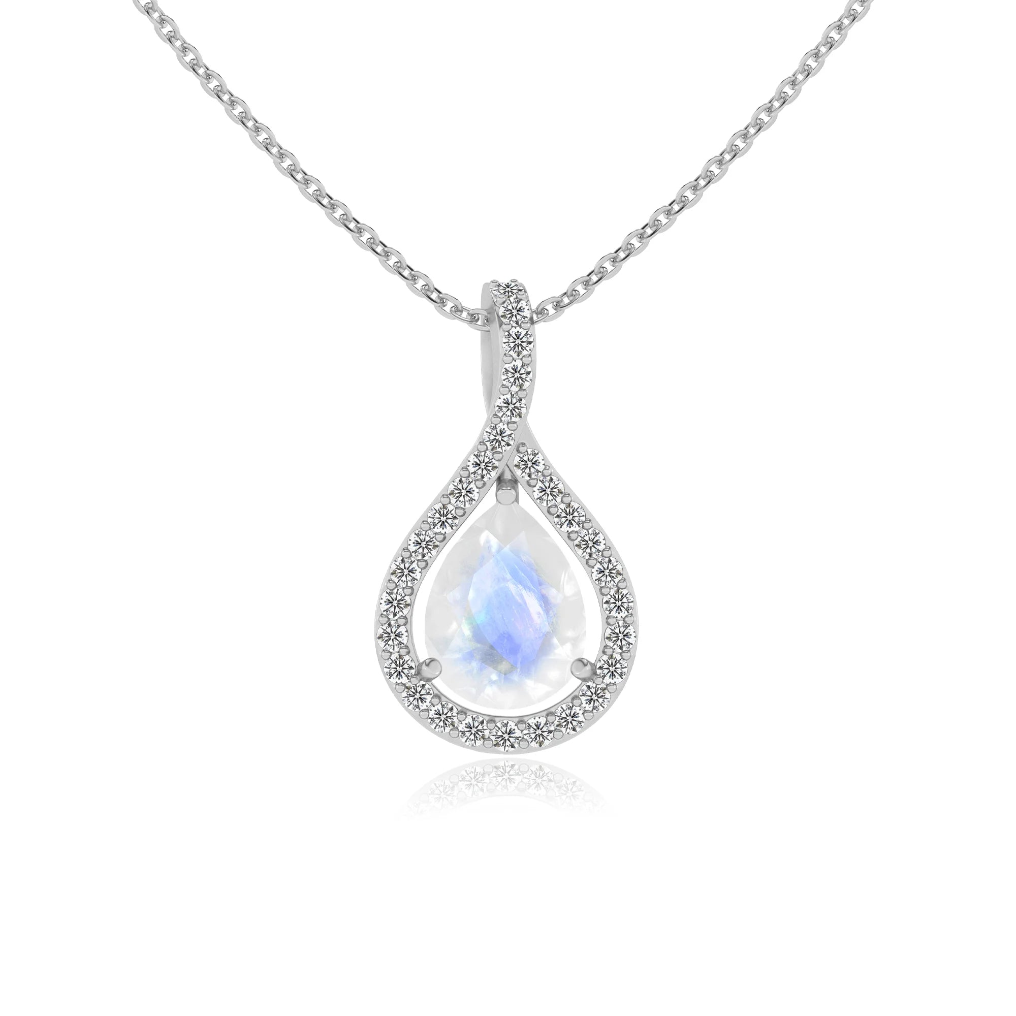 natural rainbow-moonstone pear solitaire necklaces in white gold