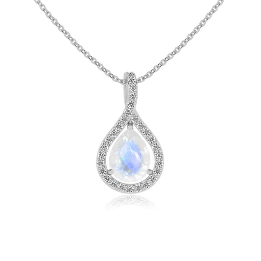 natural rainbow-moonstone pear solitaire necklaces in white gold