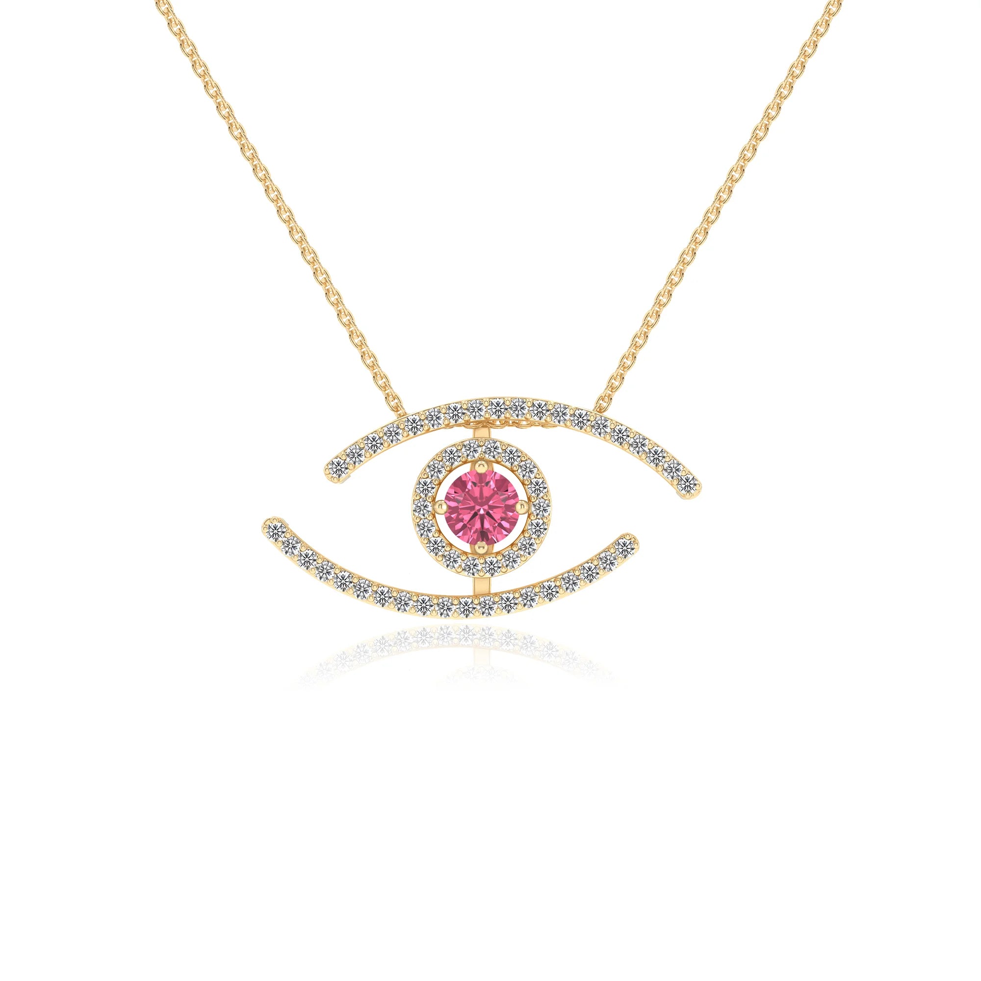 lab grown pink-tourmaline round solitaire necklaces in yellow gold